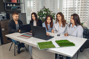 Group of young and successful workers sitting in an office planning a project looking into a laptop monitor and working productively. Concept of work