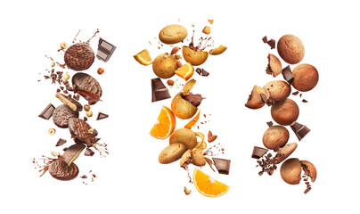 Set of chocolate chip cookies with chocolate splash on a white background. Cookies with oranges and...