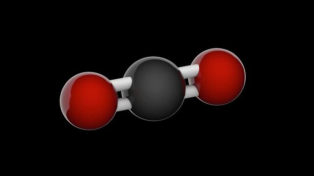 Carbon dioxide (formula CO2) is a colorless, odorless gas. 3D render. Seamless loop. Isolated and rotating on black background + transparent channel (alpha channel).