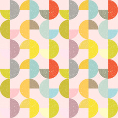 Modern vector abstract seamless geometric pattern with semicircles and circles in retro scandinavian style. Pastel colored colorful shapes with worn out texture .