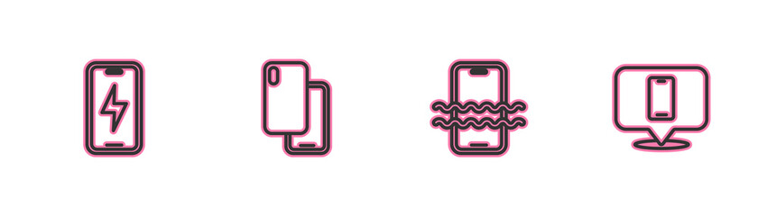Set line Mobile charging battery, Waterproof phone, Smartphone and Phone repair service icon. Vector.