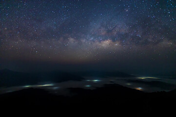 Milky way galaxy at night. Image contains noise and grain due to high ISO. Image also contains soft focus and blur. The Milky Way is our galaxy. 