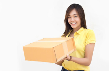 happy asian sending delivery package paper box on white