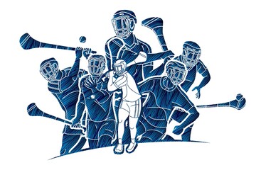 Irish Hurley Sport. Group of Hurling Sport Players Action. Cartoon Graphic Vector - obrazy, fototapety, plakaty