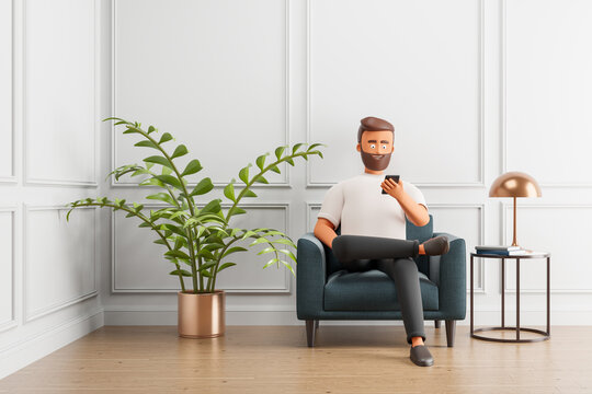 Cartoon casual beard character man with smartphone on gray armchair at realistic classic interior with white wall and wooden floor.