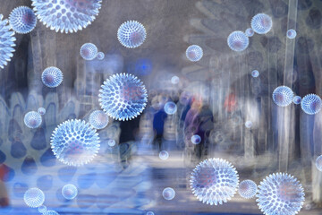 coronavirus viruses background blurred, abstract banner transport, people in the subway in motion