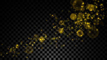 Sparkling golden particles. Glowing bokeh, glitter lights  texture isolated on dark transparent background	