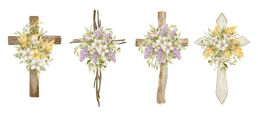 Watercolor crosses with flower bouquets. Easter catholic religious symbol. Orthodox cross for church and holidays. Latin symbol of the saint and spring floral arrangement - 414373618