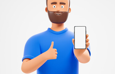 Portrait handsome beard cartoon character man in blue t-shirt show smartphone white blank screen with thumb-up isolated over white background. Mobile app recommendation.