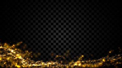 Gold particle dust isolated on dark transparent background. Defocused glitter light texture.