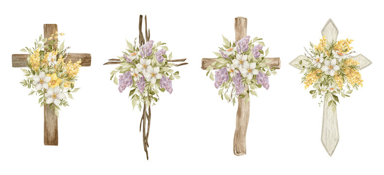 Watercolor crosses with flower bouquets. Easter catholic religious symbol. Orthodox cross for church and holidays. Latin symbol of the saint and spring floral arrangement