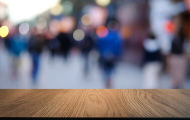 Empty wooden table in front of abstract blurred background of coffee shop . can be used for display or montage your products.Mock up for display of product