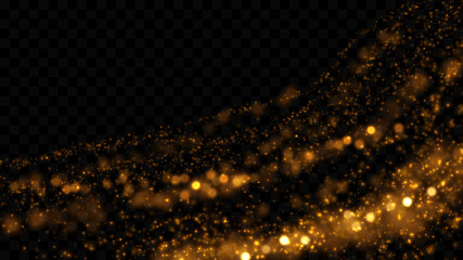 Gold particle dust on black.  Abstract luxury background with glowing yellow light effect. Defocused golden glitter textrure.