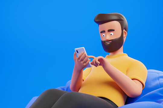 Portrait handsome cartoon beard character man in yellow t-shirt relax at bean bag armchair and use smartphone over blue background. 3d render illustration