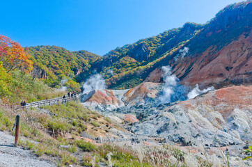 Fototapeta na wymiar Jigokudani valley or hell valley, active volcano in Noboribetsu city, Hokkaido, Japan