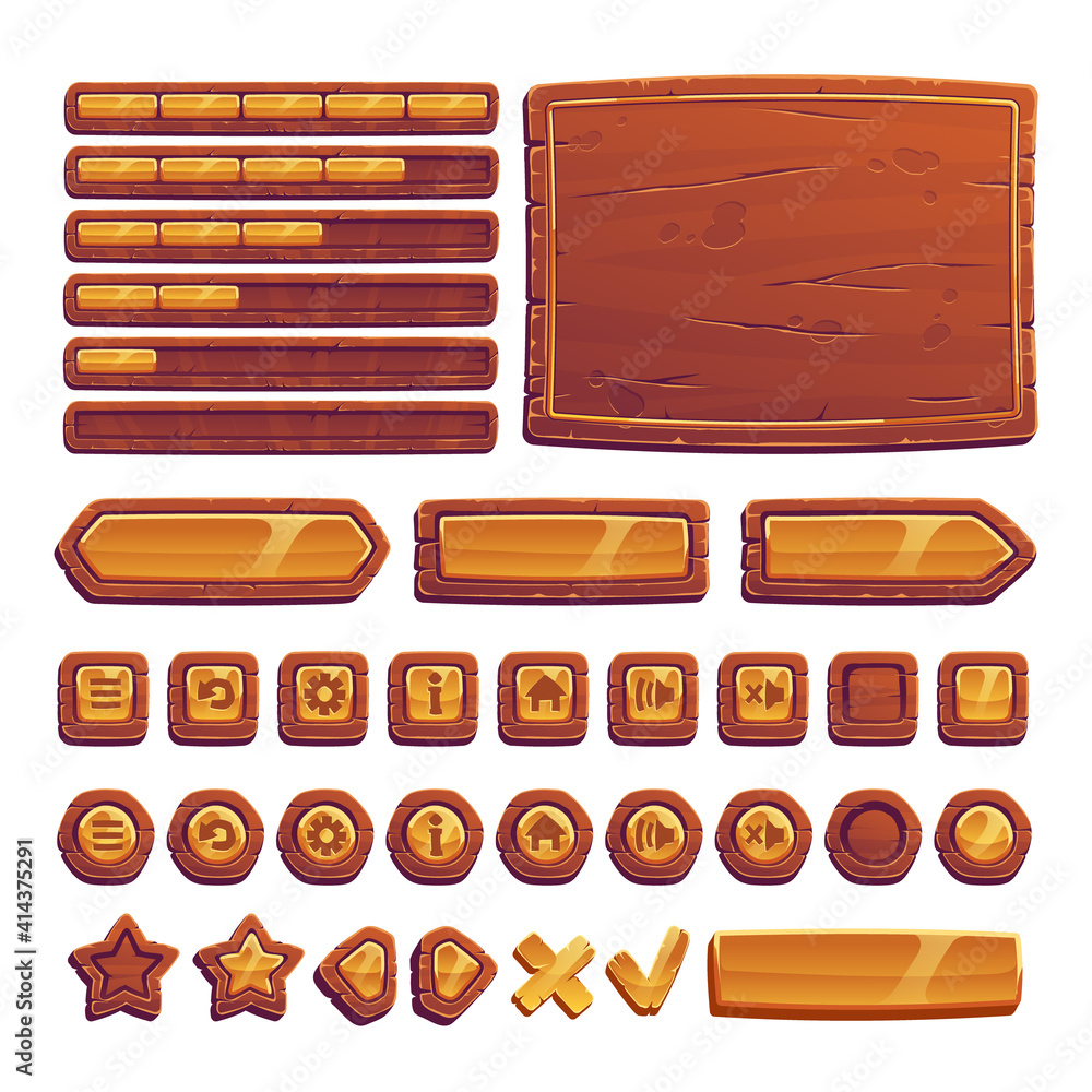 Poster wooden and gold buttons for ui game, gui elements isolated on white background. vector cartoon kit o