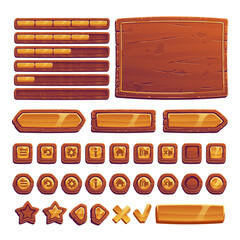 Wooden and gold buttons for ui game, gui elements isolated on white background. Vector cartoon kit of brown banners, golden menu buttons in wood frame, arrows and progress bar for mobile game © klyaksun