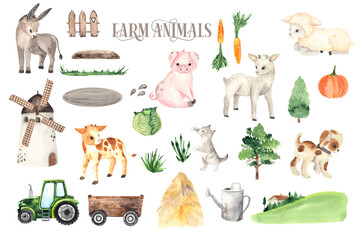 Watercolor Farm Animals elements with cute little donkey, pig, goat, sheep, cow, cat, dog, mill, tractor - 414375429