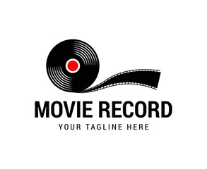 Film strip roll tape with vinyl record, film cinema video logo design