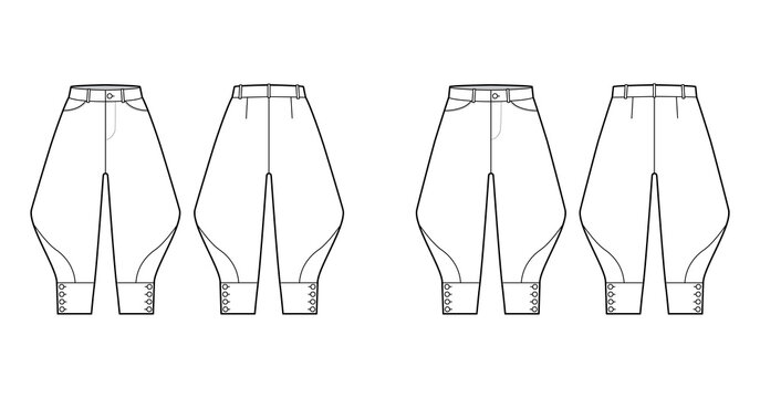 Set of Riding breeches shorts pants technical fashion illustration with knee length, low waist, rise, curved pocket, buttoned. Flat bottom template front, back, white color style. Women men CAD mockup