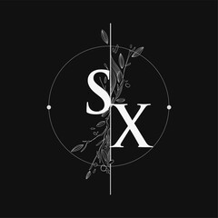 Letter SX Initial Logo with Hand Draw Floral, Initial Wedding Font Logo with Circle and Flowers. © wikaGraphic