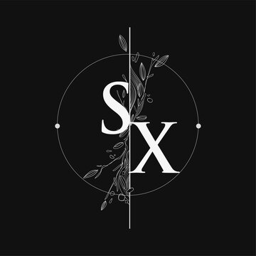 Letter SX Initial Logo with Hand Draw Floral, Initial Wedding Font Logo with Circle and Flowers.