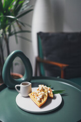 Yummy waffle Breakfast with freashly baked waffles. Plate of belgian waffles