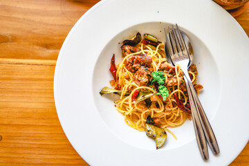 Delicious spaghetti food in restaurant. Tasty spaghetti pasta
