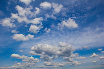 Summer high blue sky with white and gray clouds.