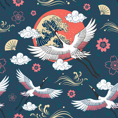 Seamless Japanese Repeat Pattern Colorful Theme with Flying Cranes with The Sun, Torrential Wave Graphic and Different Cloud Shape on  Diamond Pattern Background Template Design for Wrapping Paper