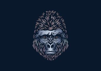Gorilla head illustration, vector, hand drawn, isolated on black background, african animal