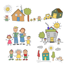 Fototapeta na wymiar set of element happy family doodle colorful. Family life and household set