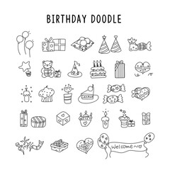 Birthday elements. Hand drawn set with birthday cakes, balloons, gift and festive attributes.