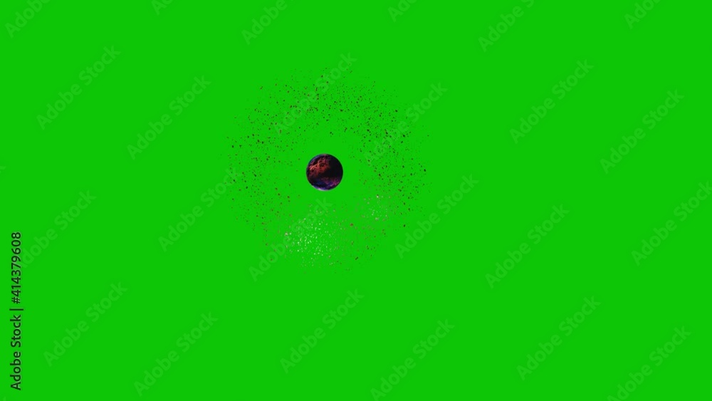 Wall mural flying planet with circle of asteroides isolated on green backgroung. endless loop animation. top vi