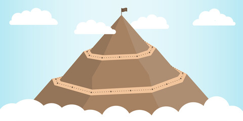 Path to top of mountain. Mountain peak climbing with flag and cloud.