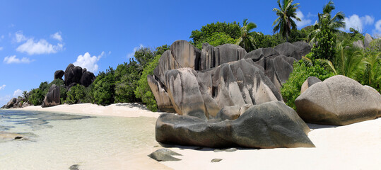 Strand Anse Source d'Argent, Traumstrand, Insel La Digue, Seychellen, Afrika, Panorama