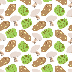 vegetable pattern with composition potato, mustard greens, mushroom element. Perfect for food background, wallpaper, textile. Vector illustration