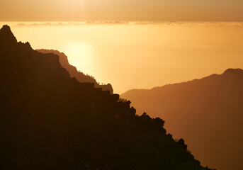 Sun setting over the hills of La Palma, Canary Islands