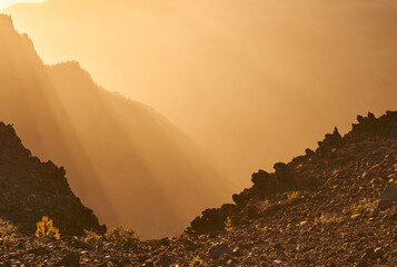 magical sunset with epic sunrays over the hills of La Palma, Canary Islands