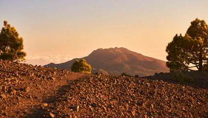 The path to south summit in a warm sunset atmosphere on La Palma, Canary Islands