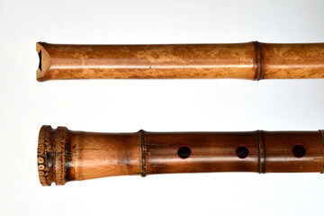 "Shakuhachi flute" on white background. Shakuhachi is Japanese bamboo flute.