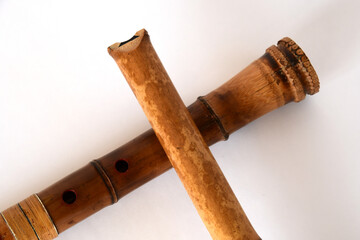 "Shakuhachi flute" on white background. Shakuhachi is Japanese bamboo flute. © makoto photo