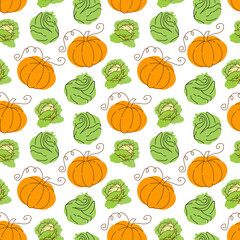 vegetable pattern with composition cabbage , pumpkin element. Perfect for food background, wallpaper, textile. Vector illustration