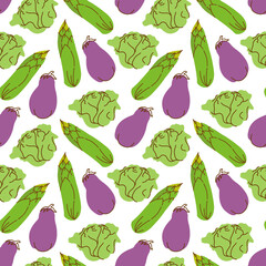 Seamless pattern vegetables with elements of eggplant, corn, cabbage Vector illustration