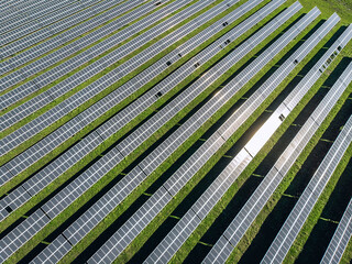 Top view of solar panels in a row. Huge solar panels under the sun