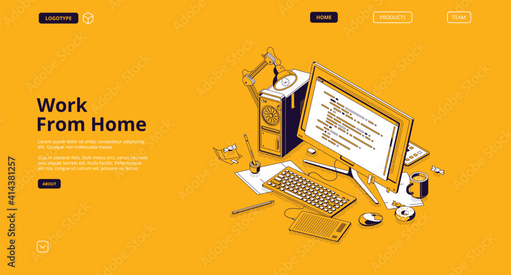 Poster work from home isometric landing page, programmer workspace, domestic office, freelancer table with 