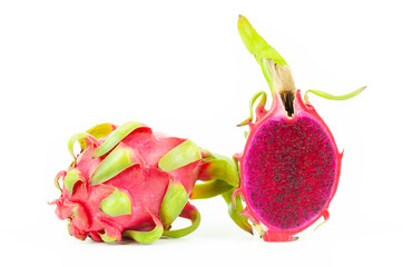 Half cut and whole dragon fruit on white background, red pitaya isolated