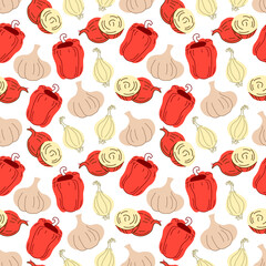 Fototapeta na wymiar Seamless pattern vegetables with elements of onion, garlic, paprika . Vector illustration
