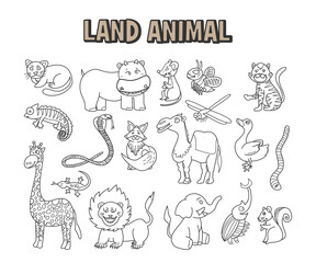 set of element doodle line land animal. Coloring hand drawn page with cute savannah animals vector