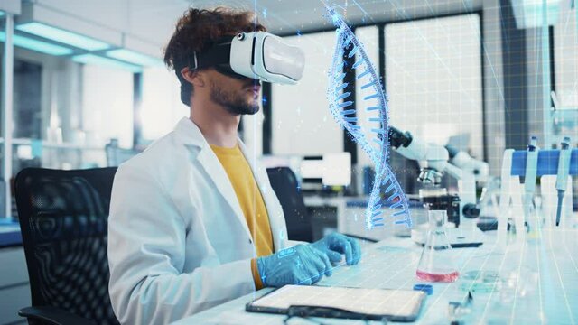 Futuristic Medical Science Research Laboratory: Bioengineer Wearing Virtual Reality Headset, Does Augmented Reality Research Using Smart Gestures. DNA Chain Biotechnology Research in Progress.